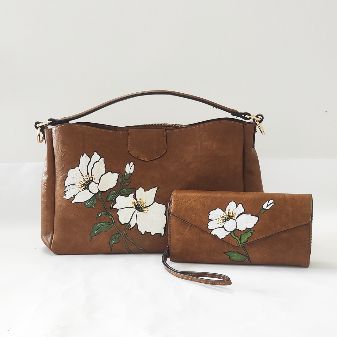 Coordinato Borsa + Borsellino Marrone con fiore bianco
